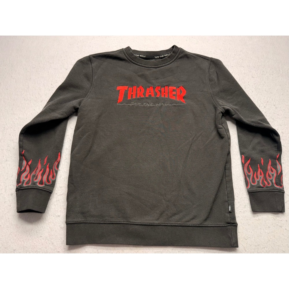 Vans x Thrasher Kids Large Crewneck Sweatshirt Black Red Flame Logo Pullover